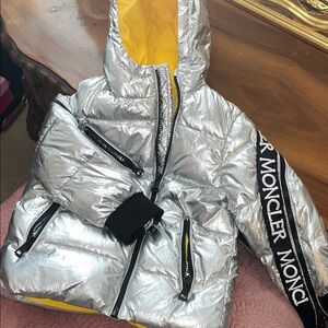 Moncler Shiny Silver Jacket with Yellow Interior